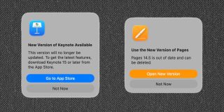 Should you update to the new Pages, Numbers, and Keynote on Mac? | Screenshots of the prompts to update