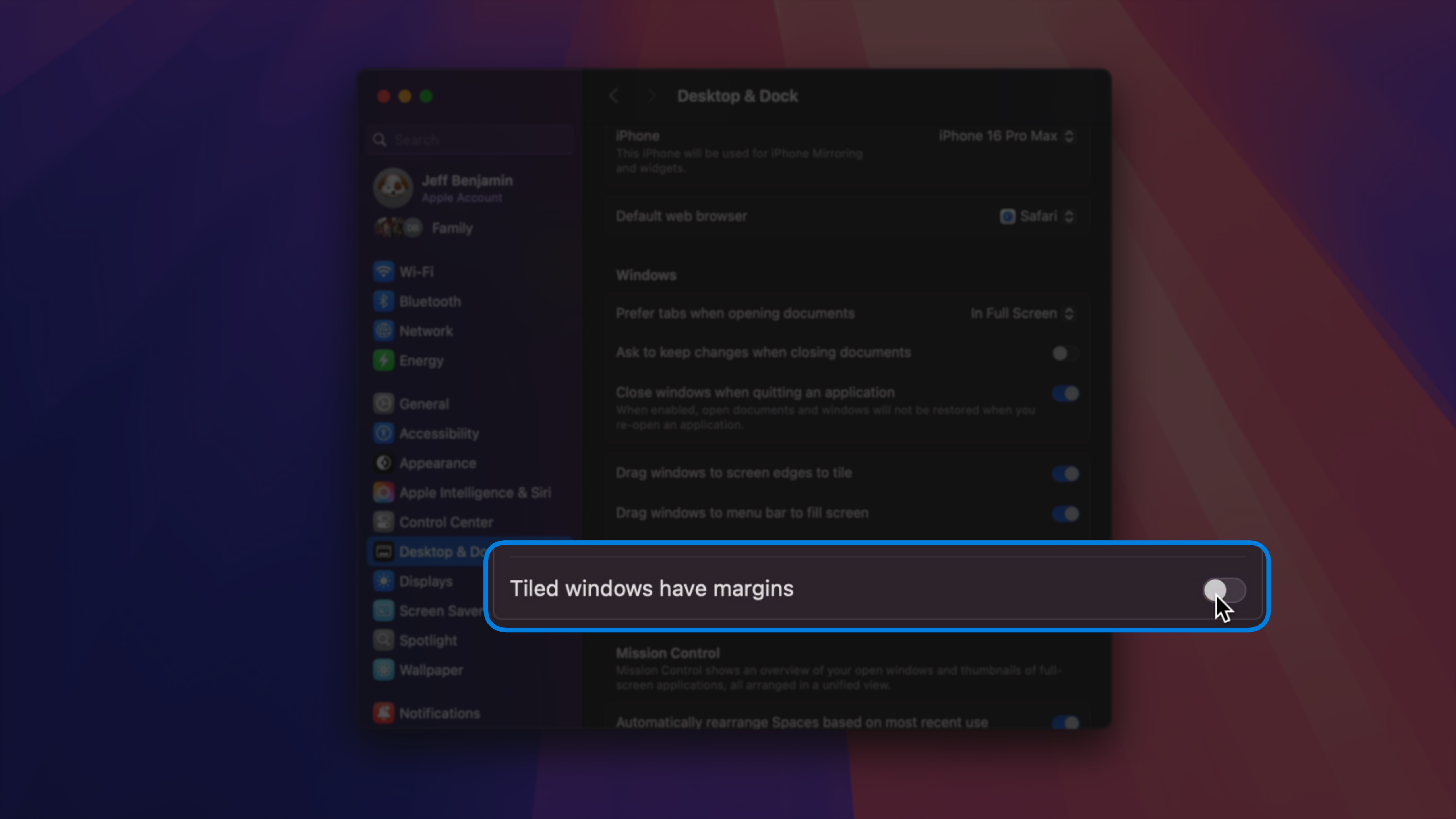 Removing margins for tiled windows in macOS.