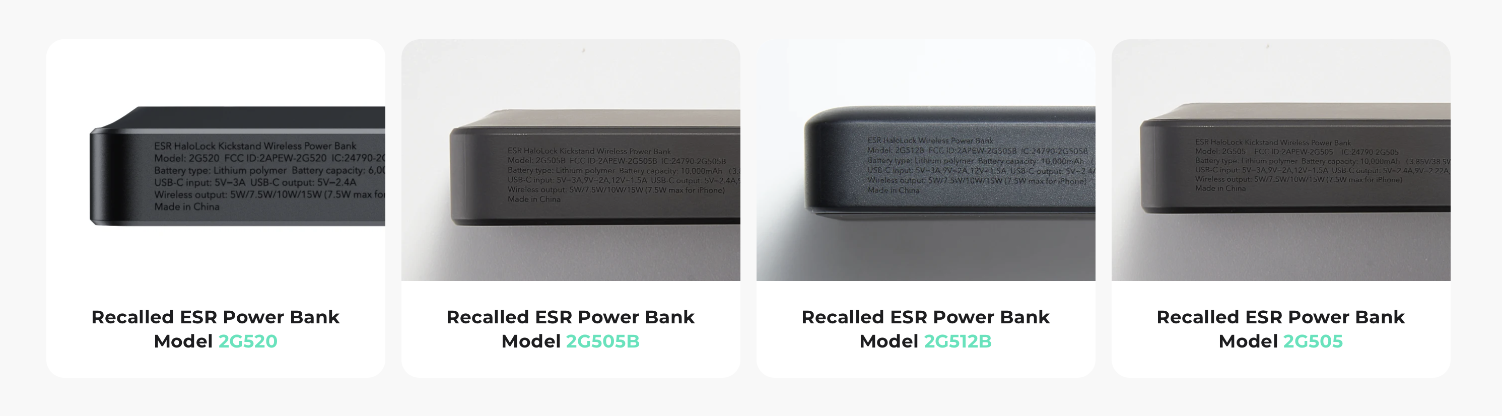 An image showing the four models of ESR power banks, with text printed on the sides.