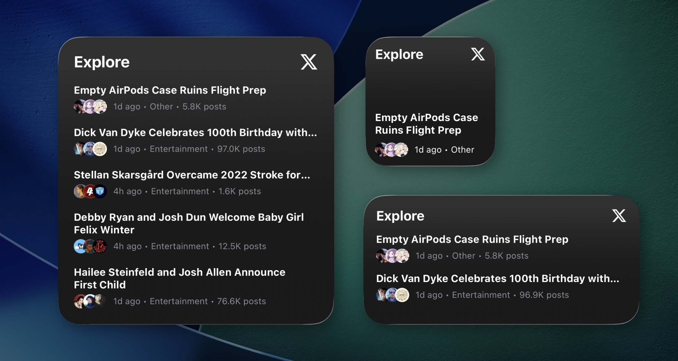 The "X News Highlights", which shows an "Explore" heading with various headlines listed below, is shown in large, medium, and small sizes.