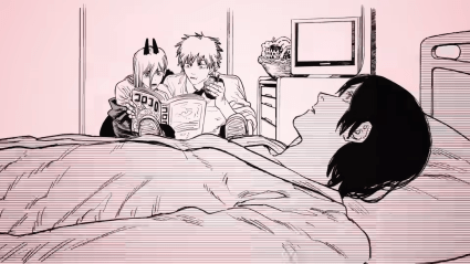 Chainsaw Man's Denji and Power reading a manga while Aki rests in bed.