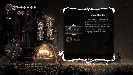 A silksong vendor. You can see a description for a shard bundle, which costs 50 rosaries.