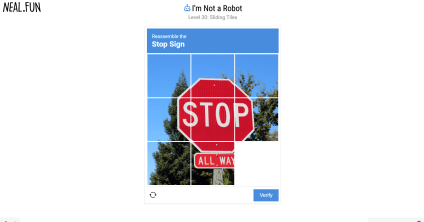 I Am Not A Robot stop sign sliding tile puzzle.