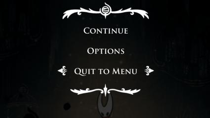 The pause menu for Silksong. It has continue, options, and quit to menu, which is selected.