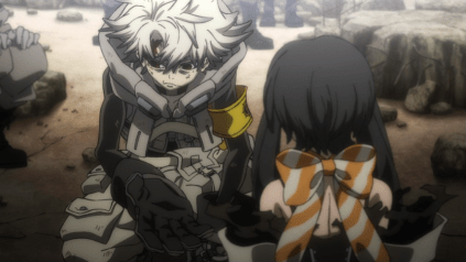 Gachiakuta still of Rudo offering Amo a hand.