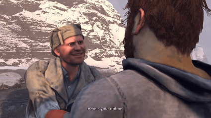 Jim giving Nathan a ribbon saying "Here's your ribbon" for going up the stairs.