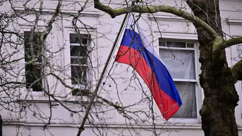 Getty Images A Russian flag is visible through trees