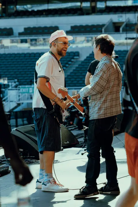 Blair Brown Damon Albarn chats on stage while rehearsing for Gorillaz' stage show