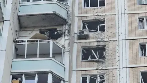 Vorobiev Live / Telegram A damaged multi-storey residential building in Moscow's region, following a Ukrainian drone attack. Photo: 17 May 2026