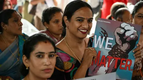 AFP via Getty Images Activists and members of the transgender community take part in a demonstration against the proposed Transgender Persons (Protection of Rights) Amendment Bill in Hyderabad on 18 March 2026.
