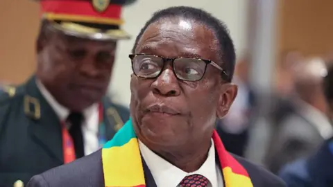 AFP via Getty Images A head and shoulders image of Emmerson Mnangagwa wearing a Zimbabwe scarf around his next and a pair of glasses. He is looking to the left of the picture.