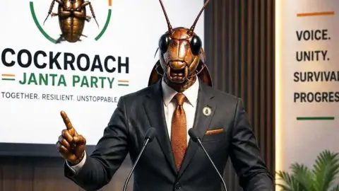 AI-generated image/Cockroach Janta Party A staged political-style press conference scene featuring a human-like figure with a cockroach head wearing a dark suit and tie, standing behind a sleek podium with microphones. The podium and backdrop display the name “Cockroach Janta Party” alongside a cockroach emblem in orange, white, and green