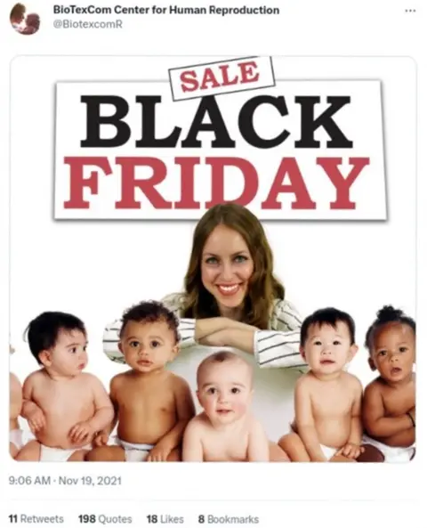 BioTexCom An advert on social media with the words SALE BLACK FRIDAY. There are five babies in nappies with a woman behind them smiling. She has long brown hair and a white shirt with blue stripes.