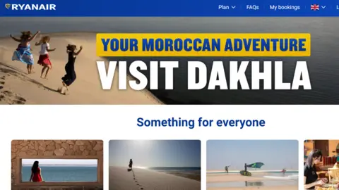 A screenshot of an email campaign from Ryanair, promoting flights to Western Sahara