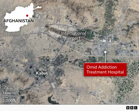 Map of Kabul area showing drug rehab centre, and the city as well as the international airport