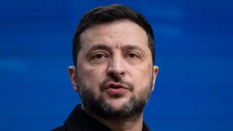 Getty Images President of Ukraine Volodymyr Zelenskyy holds a press conference and speaks to the media during the European Council Summit, the EU leaders meeting at the EU headquarters