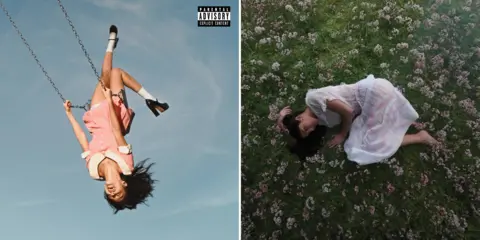 Polydor/Interscope The front and back cover for Olivia Rodrigo's You Seem Pretty Sad For A Girl So In Love. The first image shows the singer throwing her head back in joy as she rides on a playground swing, while the second sees her fallen to the ground, curled up in sadness.