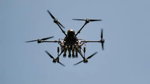 Getty Images A Ukrainian-made Vampire heavy bomber drone loaded with bombs takes off during a test flight conducted by servicemen of the 109th Brigade of the Armed Forces of Ukraine along the fortress belt in the Donetsk region on May 23, 2026 in Donetsk, Ukraine.