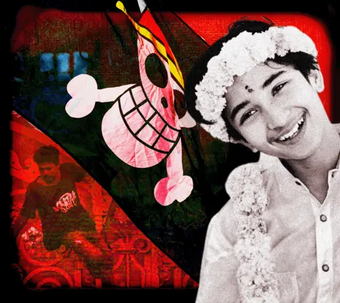BBC A digitally edited collage featuring three main elements: on the left, a person in motion wearing a black shirt with stylised white text against an ornate red background; in the centre, a large black pirate flag displaying the Straw Hat Pirates’ Jolly Roger from manga series One Piece with a skull wearing a straw hat; and on the right, a black-and-white photo of a smiling teenage boy wearing a white shirt and floral garlands. The overall colour scheme is dominated by red and black tones.