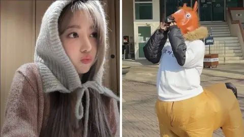 Le Sserafim A split images, with the left-hand photograph showing Miyawaki Sakura of Le Sserafim posing in a hand-knitted head scarf. In the right-hand image, her bandmate Nakamura Kazuha dances in a horse costume.