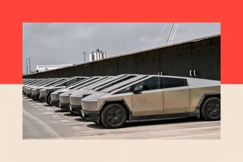 Reuters A fleet of Tesla cybertrucks