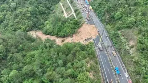 CCTV Pictures of collapsed highway on a mountainside in Guangzhou