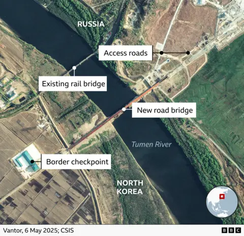 An annotated satellite image taken on 6 May showing the new road bridge, the existing rail bridge, two access roads and a border checkpoint