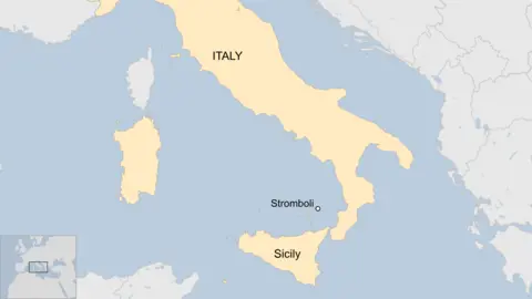 A map of Italy showing Sicily and Stromboli.