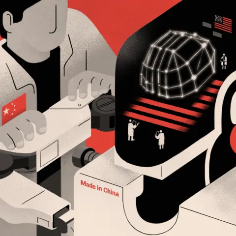 BBC An illustration showing a worker with a Chinese flag on their chest operating a robot with the words 