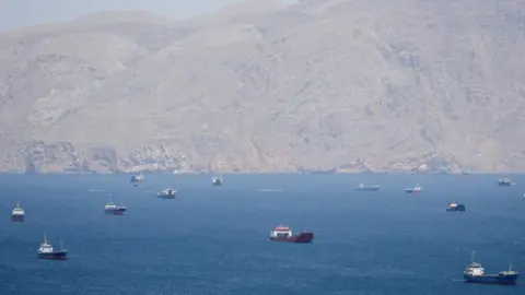Reuters Cargo ships and small vessels scattered across deep blue sea, with hazy rocky mountains rising along distant coastline under sky