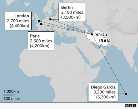 Map showing the route Iranian missiles would have to follow to hit Diego Garcia, Berlin, London and Paris