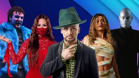 BBC / EBU A montage of Eurovision hopefuls Cosmó, Felicia, Boy George, Antigoni and Lion Ceccah, against the official colours of the 2026 contest