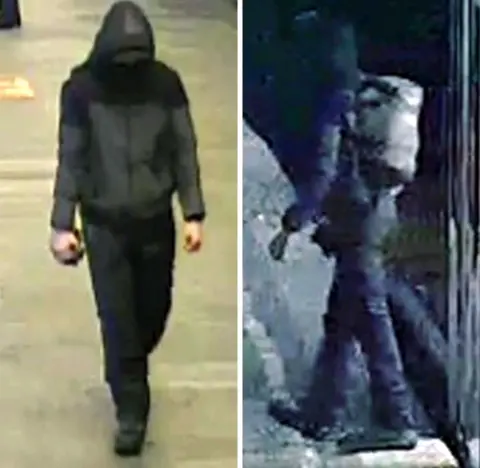 Norway police A composite image featuring two angles of a suspect police have linked to an explosion at the US embassy in Norway. The left-hand image shows a person dressed in dark clothing with his hood up and face concealed. The second image shows the back of the suspect carrying what appears to be a rucksack on his back. The images are highly pixelated.