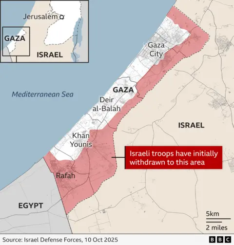 A map of Gaza showing the areas to which Israeli troops have withdrawn as set out in phase one of the ceasefire plan. Israel Defense Forces (IDF) troops have pulled out of the cities of Khan Younis, Deir al-Balah and Gaza City and all the land between them and along the coast. The shaded area shows Israeli troops remain in control of all areas within one to two miles of the border in the north and east of Gaza, and in the south all of Rafah remains under Israeli control.