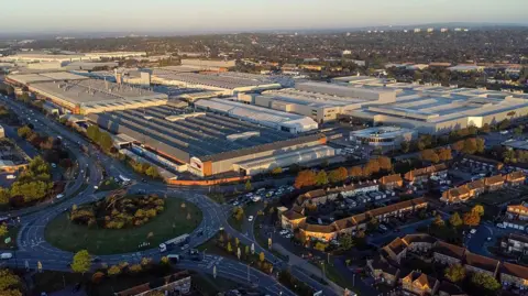 Bloomberg via Getty Images Drone image of a Jaguar Land Rover vehicle manufacturing plant in Castle Bromwich, UK. 