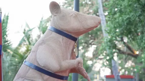 Reuters A statue of a giant rat with a black harness and medal dangling from its neck, made from stone, is pictured with trees in the background. 