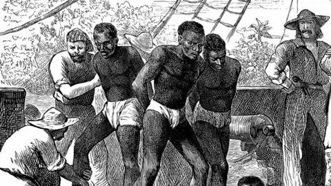 Universal Images Group via Getty Images A black and white sketch of three slaves being restrained