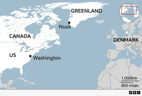 Map showing the location of Greenland and the capital Nuuk, relatively to Denmark, Canada and the United States. Also labelled is the US capital Washington.