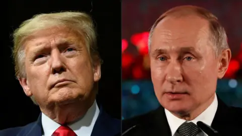 Getty Images This combination of pictures created on February 21, 2020 shows US President Donald Trump and Russian President Vladimir Putin, in a close shot. 