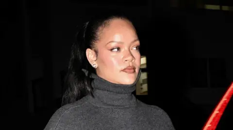 DUTCH/Bauer-Griffin/GC Images Rihanna wears a grey polo neck in a close-up.
