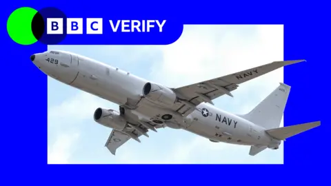 Getty Images A P-8 Poseidon in flight, with the BBC Verify logo superimposed next to it