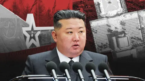 BBC The image shows Kim Jong Un giving a speech at the centre. Behind him, there is a close-up of the wall with names of the troops on the left and a satellite image of the complex on the right.