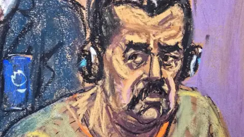 Reuters A court sketch depicts ousted Venezuelan President Nicolas Maduro at a hearing wearing headphones for translation.
