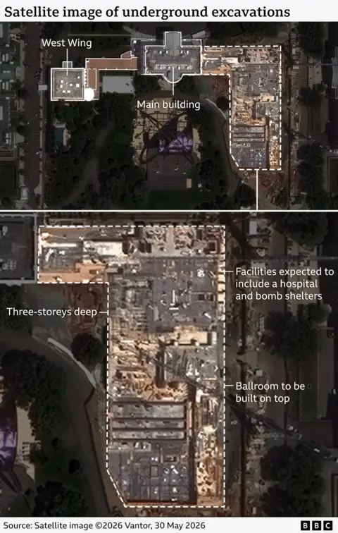 A satellite image highlighting the underground excavations next to the White House main building with annotations of "Facilities expected to include a hospital and bomb shelters", "three-storeys deep", and "Ballroom to be built on top"
