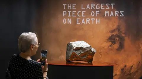 EPA A woman takes a picture of the Martian meteorite with her phone. It glows silver and red and sits under a sign that says "the largest piece of Mars on Earth".