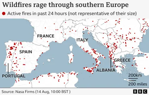 Map of southern Europe showing active wildfires. Red dots mark fire locations from the past 24 hours – with some in most countries across southern Europe and northern Africa. There are particularly highly concentrated in northern Portugal and north-west Spain, southern Italy including Sicily, and Albania. Source Nasa Firms (14 Aug, 10:00 BST).