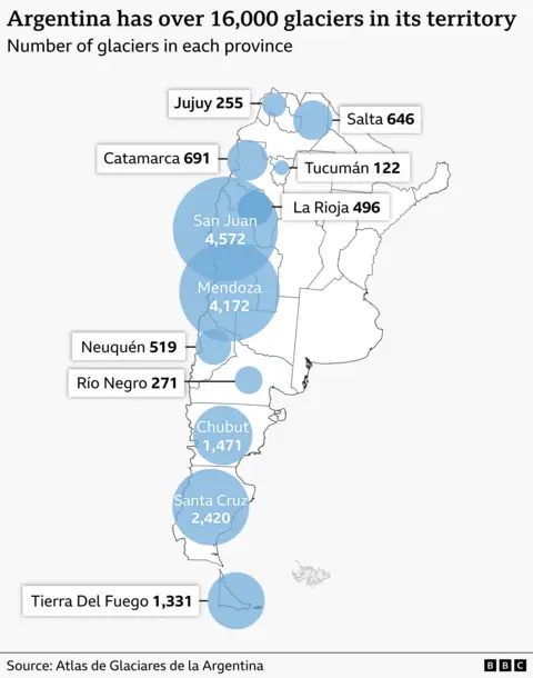 A map of Argentina showing the number of glaciers in each province