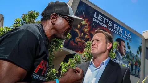 Los Angeles Times via Getty Images LA Mayoral candidate Spencer Pratt hosts a campaign "block party" event on 10th Ave. in Los Angeles, CA on Wednesday, May 20, 2026.