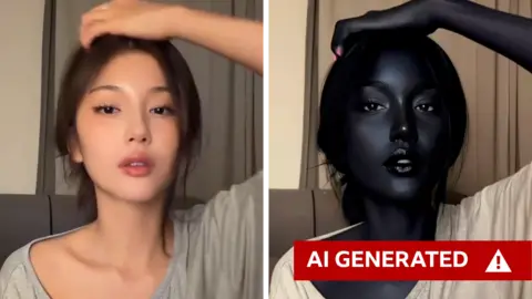 Riya Ulan (left) / Instagram (right) Composite image: On the left it shows a still from video of Riya Ulan. Her left arm is raised touching her head, she is looking straight at the camera with a grey curtain behind her. She has a light / olive complexion and dark hair, and is wearing a loose-fitting top with a wide neck. On the right is an AI generated image of a woman with artificially created, exceptionally dark skin in the same position, with the same clothing and backdrop. The BBC has marked the right hand image 