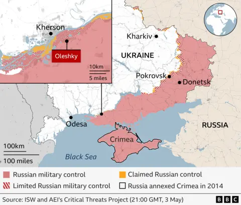 A map showing Ukraine, with the large area in the east of the country and Crimea covered in red to indicate Russian control. There is also areas marked for Limited Russian military control, Claimed Russian control